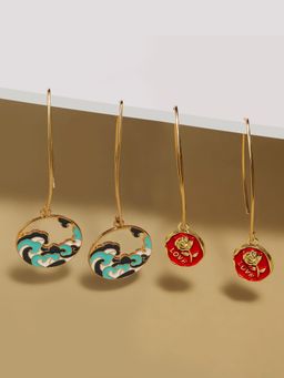 Zaveri Pearls - Set Of 2 Multi-Colour Enamelled Rose & Sea Wave Drop Earring-ZPFK16823