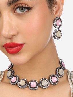 Zaveri Pearls - Pink Stones Mother of Pearls Black Jewellery Set