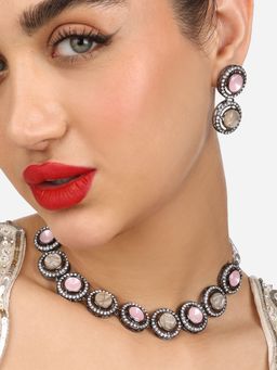 Zaveri Pearls - Pink Stones Mother of Pearls Black Jewellery Set