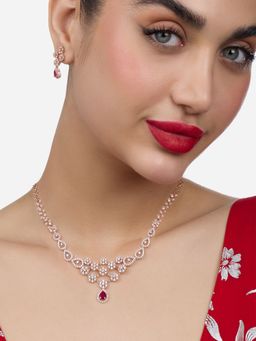 Zaveri Pearls - Rose Gold Tone Cubic Zirconia Pink Bling Jewellery Set