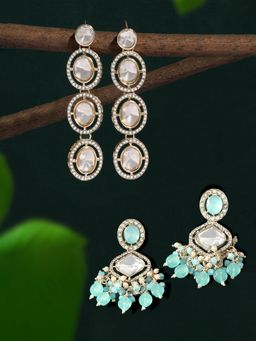 Zaveri Pearls - Pack of 2 Turquoise Blue Stones Diamonds Dangle Drop Earrings