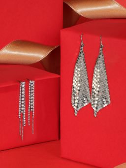 Zaveri Pearls - Pack of 2 Silver Tone Diamonds Metallic Mesh Sequins Earrings