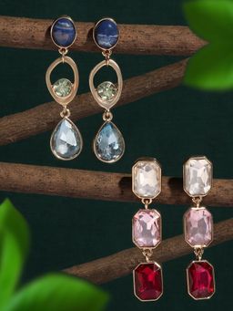 Zaveri Pearls - Pack of 2 Multicolor Stones Contemporary Bling Drop Earrings