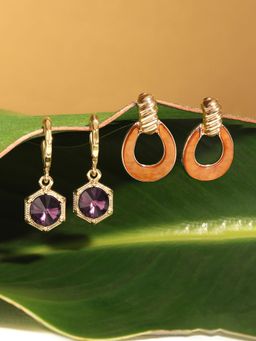 Zaveri Pearls - Pack of 2 Orange Purple Contemporary Party Studs Drop Earrings