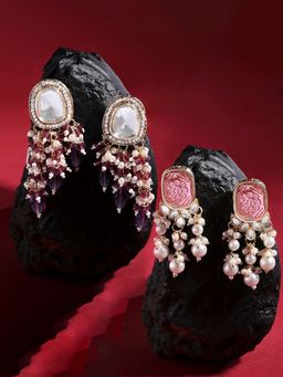 Zaveri Pearls - Pack of 2 Wine Color Stones Beads Clustered Drop Earrings