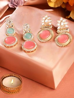 Zaveri Pearls - Pack of 2 Pink & Turquoise Blue Stones Dangler Earrings