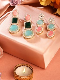 Zaveri Pearls - Pack of 2 Multicolor Stones & Austrian Diamonds Drop Earrings