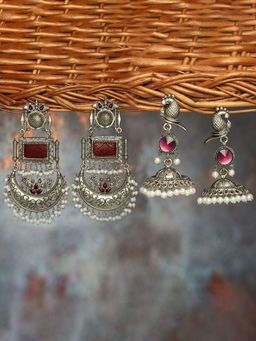 Zaveri Pearls - Pack of 2 Purple & Maroon Antique Jhumki & Dangler Earrings