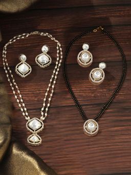 Zaveri Pearls - Gold Tone Diamonds Necklace Mangalsutra Earrings Set