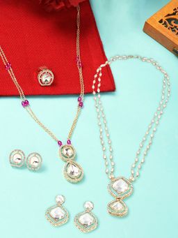 Zaveri Pearls - Set Of 2 Gold Tone Diamonds Beads Necklace Earring Ring Sets