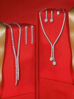 Zaveri Pearls - Set Of 2 Silver Tone Lariat Necklace Earring & Ring Sets