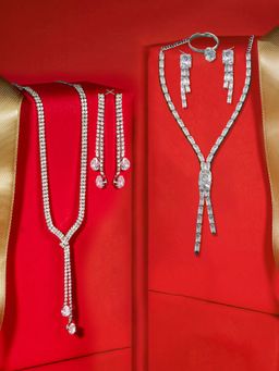 Zaveri Pearls - Set Of 2 Silver Tone Lariat Necklace Earring & Ring Sets