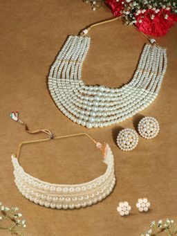 Zaveri Pearls - Gold Tone Pearls Beaded Choker Necklace Earring Sets