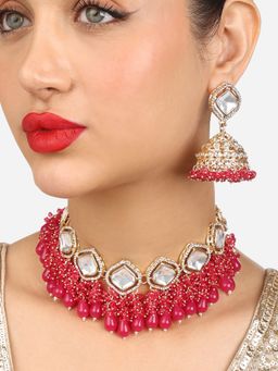 Zaveri Pearls - Pink Cluster Beads Drop Stones Diamonds Necklace Earring Set - ZPFK17993