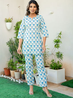 HOUSE OF JAMOTI - White Floral Motif White Base Rozana Co-Ord (Set of 2)