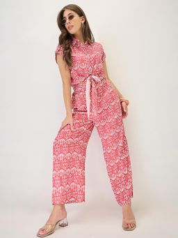 Globus - Women Pink Shirt Collar Print Cut Out Detail Waist Tie-Up Jumpsuit