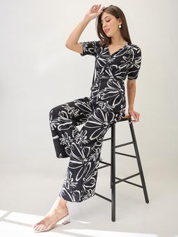 Globus - Women Black V-Neck Ruched Sleeves Floral Print Longline Jumpsuit