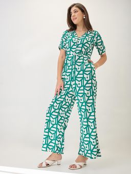 Globus - Women Green V-Neck Ruched Sleeves Abstract Print Longline Jumpsuit