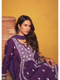 House of Chikankari - Sonam Purple Chanderi Chikankari Kurta With Pant And Dupatta