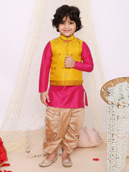 KID1 - Yellow & Pink Festive Attached Jacket Kurta Set (Set of 2)