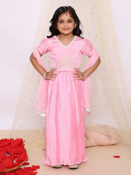 KID1 - Pink Pearl Embroidered Choli with Pleated Silk Lehenga & Dupatta (Set of 3)