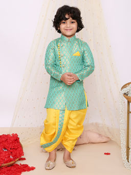 KID1 - Turquoise Festive Jaquard Sherwani Dhoti (Set of 2)