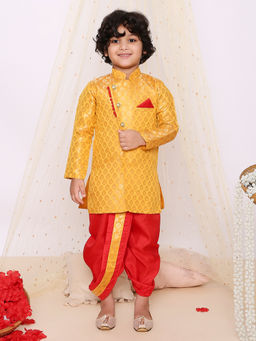 KID1 - Mustard Festive Jaquard Sherwani Dhoti (Set of 2)