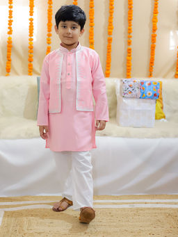 BownBee - Pure Embroidered Attached Jacket Kurta Pajama for Boys Pink (Set of 2)