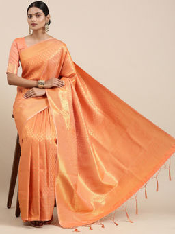 Akhilam - Peach Festive Silk Blend Woven Design Saree With Unstitched Blouse