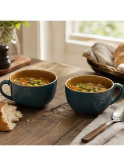 BRINNS - Green & Brown Porcelain Soup Bowls with Handles Pack of 2 350 ml