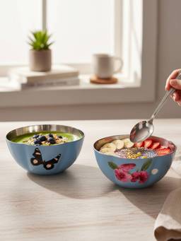 Living With Elan - Letters From India Blooming Garden Stainless Steel Bowls Multicolor Pack of 2