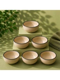 nestcase - Stoneware Small Bowls Pack of 6 Beige Black Rim