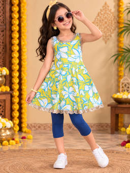 KiddoPanti - Girl's Cotton Floral Yellow Co-Ords