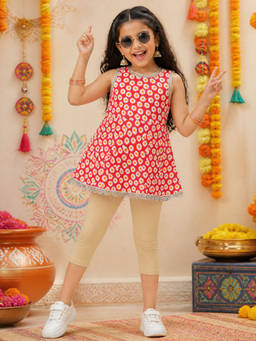 KiddoPanti - Girl's Cotton Floral Red Co-Ords