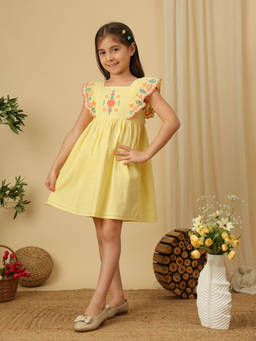 Miyo - Girl's Cotton Blend Embroidered Yellow Dress