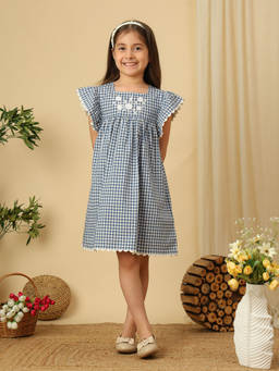 Miyo - Girl's Cotton Blend Checks Blue Dress