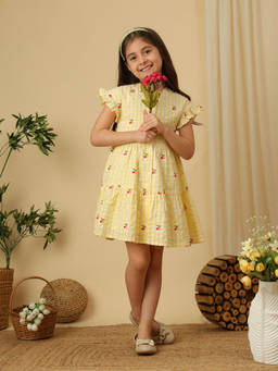 Miyo - Girl's Cotton Blend Checks Yellow Dress
