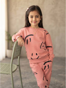 DDOUDDOU - Girl's Cotton Printed Peach Co-Ords