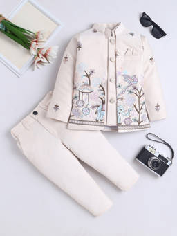 FOURFOLDS - Boy's Polyester Embroidered Beige Sherwani With Pant And Jacket