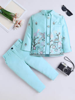 FOURFOLDS - Boy's Polyester Embroidered Aqua Sherwani With Pant And Jacket