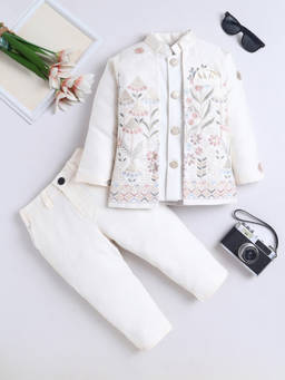 FOURFOLDS - Boy's Polyester Embroidered Cream Sherwani With Pant And Jacket
