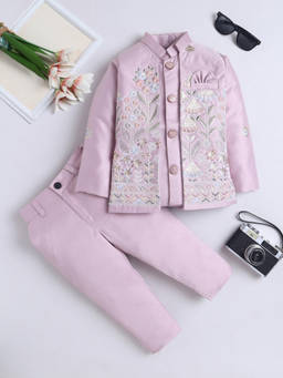FOURFOLDS - Boy's Polyester Embroidered Pink Sherwani With Pant And Jacket