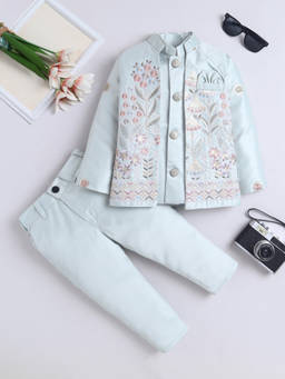 FOURFOLDS - Boy's Polyester Embroidered Blue Sherwani With Pant And Jacket