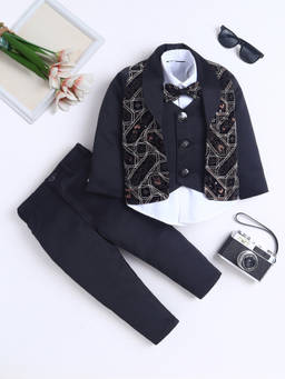 FOURFOLDS - Boy's Embroidered Black Blazer With Shirt And Pant And Bowtie