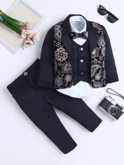 FOURFOLDS - Boy's Black Embroidered Blazer With Shirt And Pant And Bowtie
