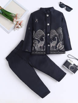 FOURFOLDS - Boy's Polyester Embroidered Black Sherwani With Pant And Jacket
