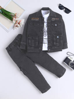 FOURFOLDS - Boy's Cotton Blend Typographic Print Charcoal Jacket With Tshirt And Pant