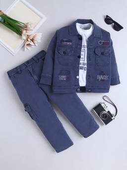 FOURFOLDS - Boy's Typographic Print Navy Blue Jacket With Tshirt And Pant