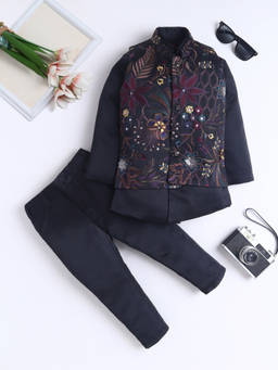 FOURFOLDS - Boy's Polyester Embroidered Black Sherwani With Pant And Waistcoat