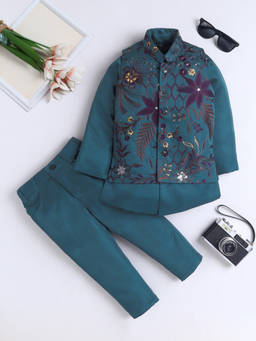 FOURFOLDS - Boy's Polyester Embroidered Teal Sherwani With Pant And Waistcoat